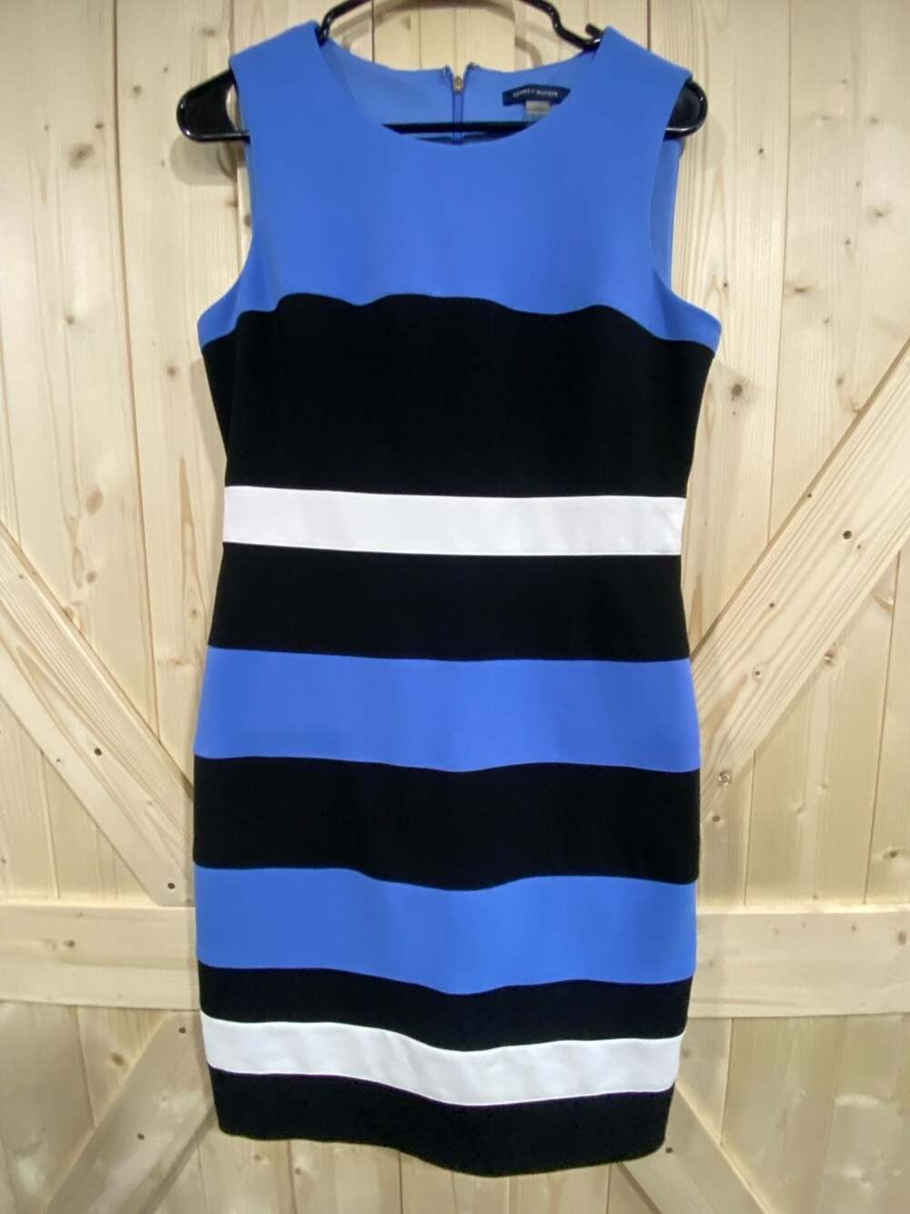 Tommy Hilfiger Women's Colorblock Sheath Dress Blue Black White 18 pit to pit